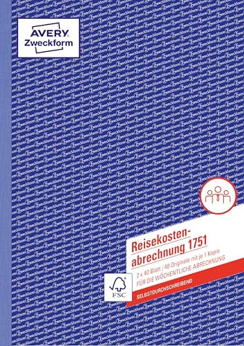 AVERY Zweckform 1751 Reisekostenabrechnung (A4, 2x40 Blatt, selbstdurchschreibend, von Rechtsexperten geprüft für Deutschland/Österreich zur wöch. Abrechnung inkl Kfz-Kostenaufstellung) weiß/gelb