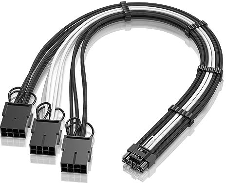 GPU Power Sleeved Cable Verlängerung,16pin(12+4) 12VHPWR PCIe 5.0 Stecker auf 3X PCIE 8 PIN für RTX 4070Ti/4080/3090Ti,mit Vorinstallierten Kabelkämmen-16AWG/Schwarz Weiß