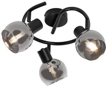Qazqa Verstellbarer Deckenstrahler, Deckenspot - Vidro - Schwarz mit Rauchglas, max. 25W, Geeignet für LED, 39cm, Rund, 3-flammig, Ideal als Küche lampe und Wohnzimmerlampe
