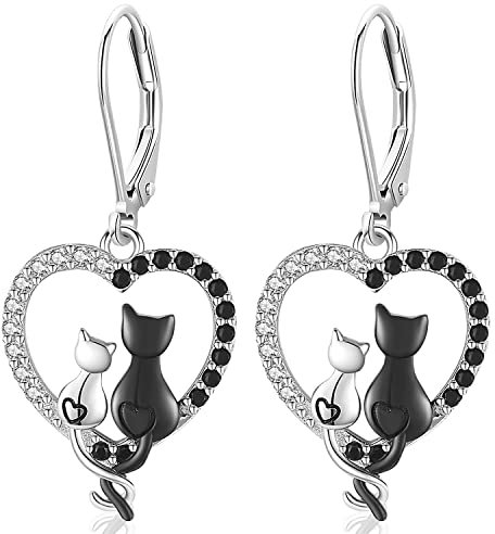 Katzen Ohrringe Dame 925 Sterling Silber Herzform Katze Anhänger Ohrringe Schwarze Weiße Katzen Zirkonia Ohrringe Hypoallergene Ohrringe Geschenk für Dame Mädchen Mutter Schwester