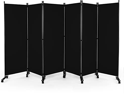 CASART Folding Room Dividers, 6 Panels Movable Protective Privacy Screens with Lockable Wheels, Steel Frame Portable Fabric Screen Room Partition for Home Office (Black)