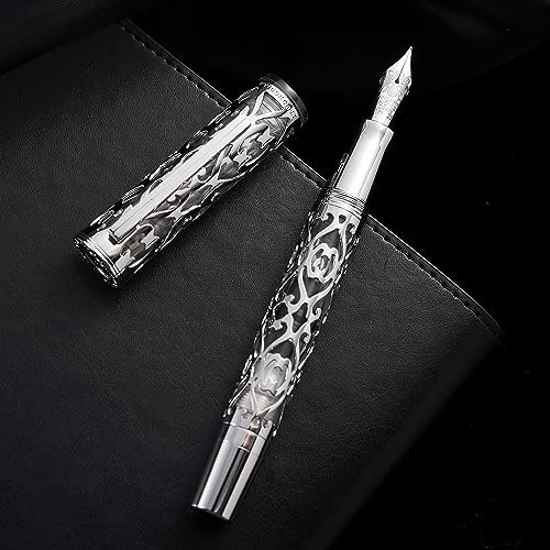 Hongdian D1 - Penna stilografica a stantuffo, pennino fine, scheletro cavo e resina, set con custodia in metallo (argento)