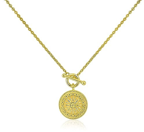 Mary & Jules Kette Sonne Gold 925 Sterling Silber, vergoldet mit Sonnen Anhänger, Sonnenkette aus recyceltem Silber, Münz Halskette, Coin Kette Gold für Frauen Mädchen, Goldkette Damen