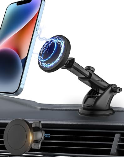 woleyi Soporte Magnetico Movil Coche [2 Piezas], Salpicadero Parabrisas Soporte Movil Coche Ventosa Magsafe y Soporte Rejilla Ventilación para iPhone, Funda MagSafe y Todos Leléfonos