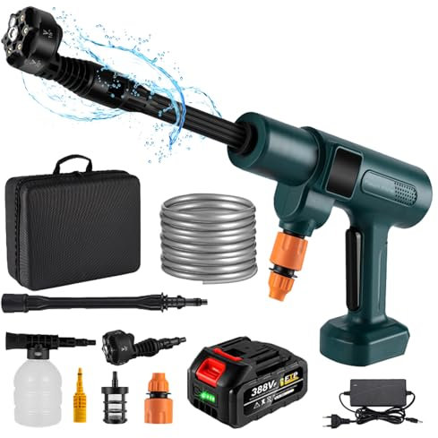 Nettoyeur Haute Pression sur Batterie Nettoyeur Haute Pression sans Fil Portable Débit 4.1L/Min pour Voitures Nettoyage Maison Jardin Arrosage Buse Six en Un, Batterie 18V, 5m Tuyau