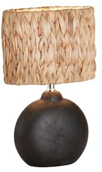 Tischlampe Höhe 38,5cm Keramikfuß Schwarz mit Lampenschirm oval aus Seegras
