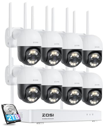 ZOSI 2,5K Kit Cámaras de Vigilancia WiFi Exterior PTZ, 8CH NVR 2TB HDD y 8pcs 4MP Cámara de Seguridad con 360° Rotación, Detección y Seguimiento de Persona/Vehículo, Alarma Sonora y Luminosa, Audio