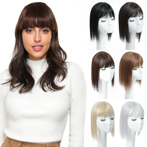 PARXITN Haar Toupet für Frauen 3 Clips in Hair Topper mit Pony Mittelbraun 30cm Synthetische Perücken Natürliche Haarteile für Dünnes Haar