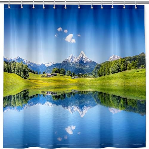 ANHOPE Natur Berg Wald See Landschaft Duschvorhang Wasserdicht Anti-schimmel Polyester Stoff Duschvorhänge 180 x 180 cm Shower Curtains Waschbar Bad Vorhäng für Badzimmer mit 12 Haken