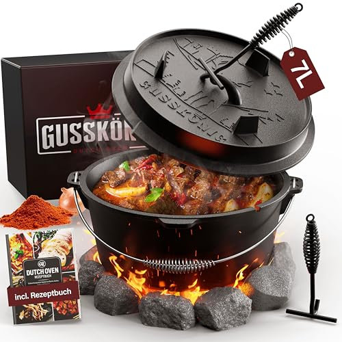 GUSSKÖNIG Dutch Oven Set [7L] - Eingebrannter Feuertopf mit praktischem Deckelheber und Füßen