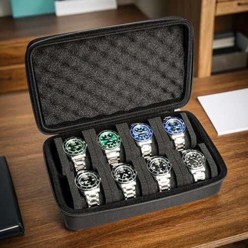 AMZSAFE Caja de reloj de 8 ranuras, funda organizadora de reloj duro para relojes de hombre y mujer, soporte de organización de exhibición de reloj con almohada de reloj