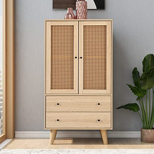 LERFAN Credenza in legno con ante in vimini e due cassetti, grande spazio per sala da pranzo, soggiorno, camera da letto, 60x40x120 cm
