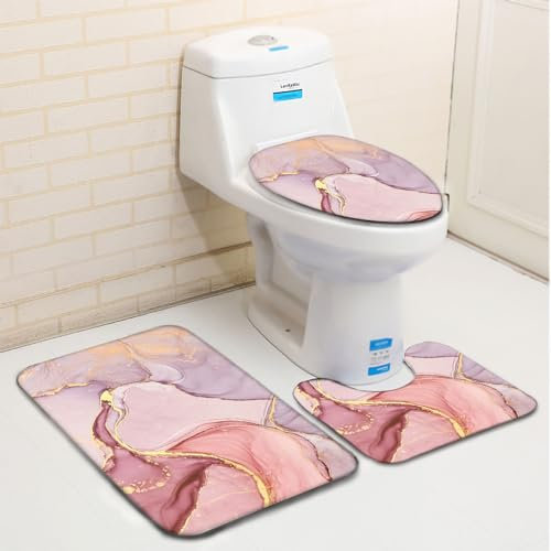 3 Teiliges Badematten Set rutschfest U-FöRmige Duschvorleger Modernes Marmoriertes Rosa Badezimmerteppich WC Vorleger Waschbar Super Weich, Schnell Trocknend WC-Garnitur rutschfest Teppich