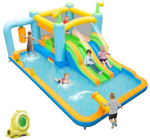 LIFEZEAL Château Gonflable Aquatique avec Toboggan Double et Trampoline, Structure Gonflable avec Grande Piscine, Intérieur ou Extérieur, pour Enfants 3-10 Ans, 503x348x228 cm (avec souffleur)