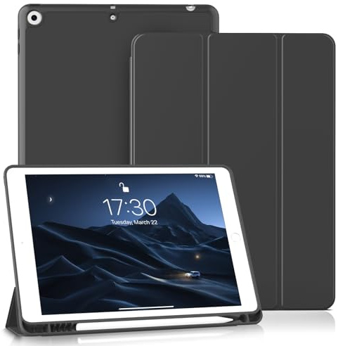 BQDIYOO Hülle für iPad 9./8./7. Gen 10,2 (Modell 2021/2020/2019),Schwarz | ultradünne leichte Schutzhülle mit Stifthalter,Auto Schlaf/Wach Funktion, Trifold Stand cover