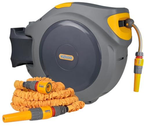 HOZELOCK - Esclusiva per Amazon: bobina automatica da 40 m con Superhoze da 7,5 m: facile da installare, blocco bambini, riavvolgimento automatico, pronto all'uso, tubo espandibile incluso fino a