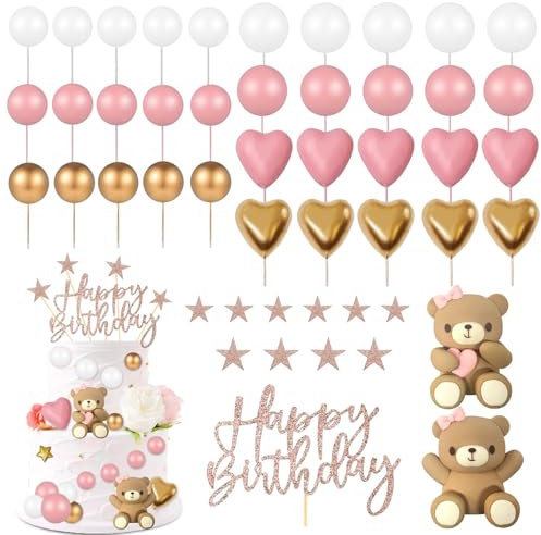 48 Stück Rosa Tortendeko Set, Mädchen Geburtstag Torten Deko, Happy Birthday Cake Topper, Teddybär Kuchen Dekoration für Hochzeit, Baby Shower und Geburtstag Party