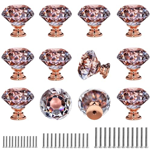DEELF 12 Packs Kitchen Cabinet Knobs, 40 mm Crystal Cabinet Knobs, Diamond Dresser Handle Drawer Pulls, Dresser Knobs for Cabinets and Drawers, Rose Gold Base