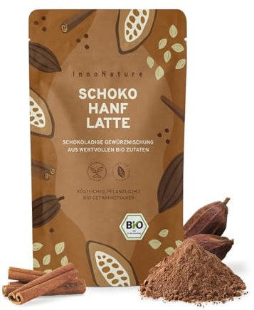 InnoNature Bio Schoko Hanf Latte | Pulver mit Kakao, Hanfsamen und Gewürzen | harmonisch-aromatische Komposition aus u.a. Kakaopulver, Hanfsamen, Ceylon Zimt, Ingwer u. Kardamom | 175g Getränkepulver
