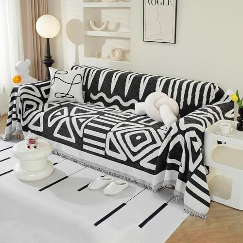 Royhom Couch Überzug 2/3/4 Sitzer, Sofa Überzug Ecksofa, Sofabezug L Form, Chenille Sofaüberwurf, Couch Überwurf mit Deko Quasten, Schwarz Sofa Überwurf(Boho Schwarz, 180x300cm)