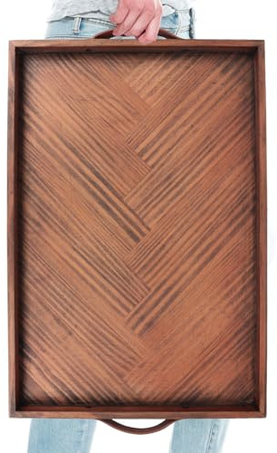 SXNOWS Großes Ottoman-Tablett mit Griffen, Serviertablett aus Holz für Couchtisch, Wohnzimmer und Küche, 61 x 40,6 cm