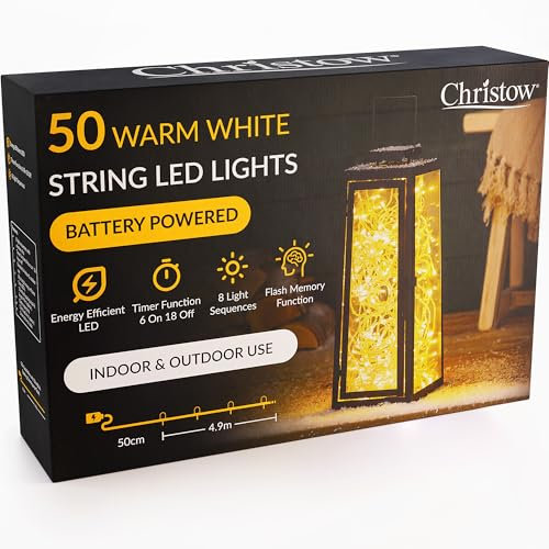 CHRISTOW Christmas Fairy Lights Battery Operated, White LED String Lighting with Timer, Indoor & Outdoor, 8 Light Modes Flashing & Static Glow, Clear Cable (50 LED / 5m Lit Length)