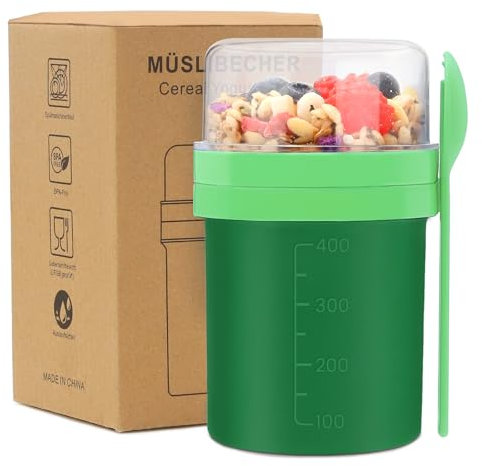 Bugucat Tazza Yogurt to Go, Tazze Cereali 450ML+250ML, Portatile Cucchiaio Tazza Contenitore Yogurt con Cucchiaio, Plastica Tazze Cereali, Yogurt Frutta Contenitore, Tazza di Muesli To Go Senza BPA