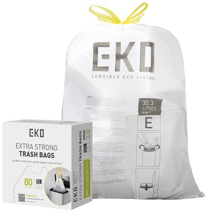EKO Rollo de 80 bolsas de basura de cocina con cordón extrafuerte, bolsa de basura de 8 galones (25-35 litros), paquete de 80 unidades, color blanco, código E