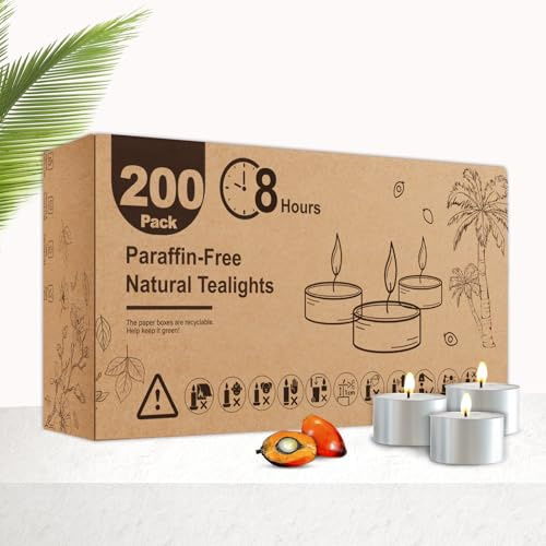Hypmis Bougies Chauffe-Plat en Cire Végétale de Palme – Lot de 200, 8 Heures de Combustion Stable, Blanches, Sans Parfum, Sans Fumée ni Coulures, Dîner et Ambiance Romantique