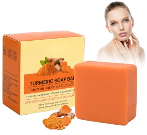 Kojisäure-Seife, Organic Turmeric Brightening Soap Bar, Kurkuma Seifenstück, Naturseife 100g Kurkuma-Seife mit Einem Schaumnetz für Gesicht und Körper Badeseife Reinigt und Hellt die Haut