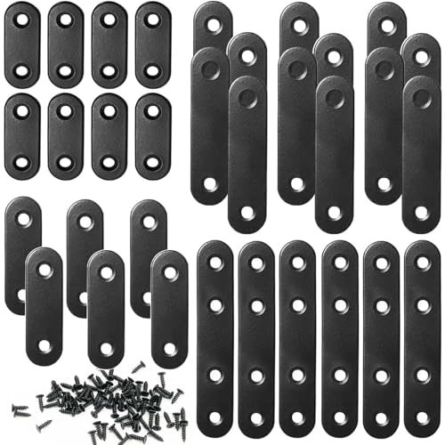 Dayalo Juego de 32 conectores planos, conectores de madera, placa perforada de metal, placas de conexión con tornillos, óxido negro, para reparación de madera, muebles