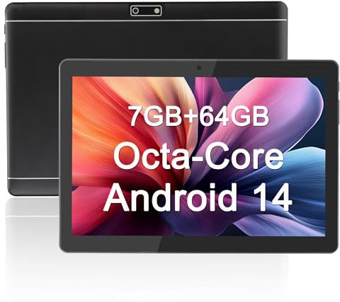Veidoo Tableta Android 14 de 10.1 pulgadas, pantalla IPS, 7 (3+4) GB RAM 64GB ROM 512GB Expand, cámara dual, WiFi 6, tableta Octa Core