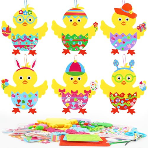 Augesak 12 Stück Ostern Basteln,Oster Bastelset,DIY Osterküken Moosgummi Bastelset,Ostern Schaumstoff Aufkleber Pompons,Ostern Anhänger Deko,Ostern Geschenke