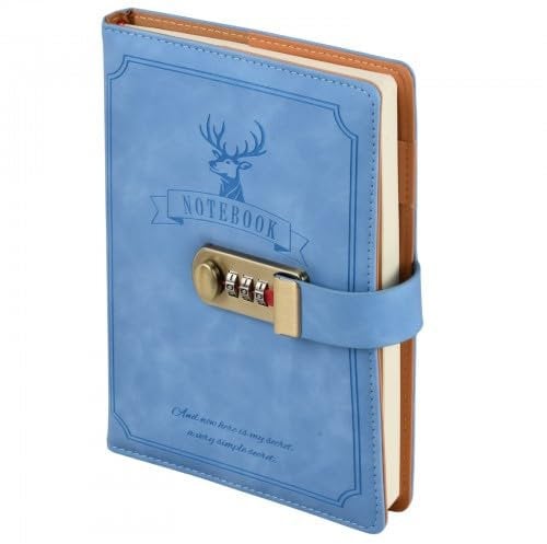 Tagebuch mit Schloss, PU Leder Notizbuch mit Passwortschutz, 256 Seiten, Elegantes Design für Männer, Frauen & Kinder, Geschenkidee für Schule, Büro & Persönliche Notizen(Blau)