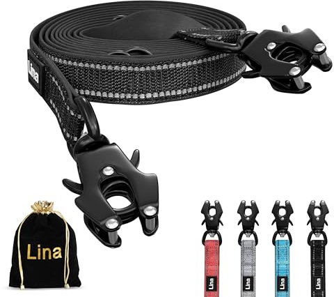 LINA HUNDELEINE – 3m – Verstellbare Doppelleine mit Neopren-Polsterung – rostfreier Frosch-Karabiner 175kg belastbar – Reflektoren – mittelgroße bis große Hunde – mit Aufbewahrungstasche – (Schwarz)