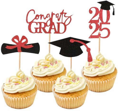 24 topper per cupcake con glitter, classe 2025, decorazioni per feste a tema, decorazioni per cupcake e lauree, colore rosso