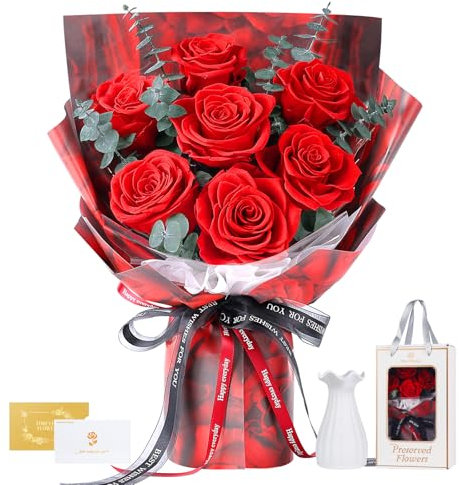 Bouquet di 7 Rose con Vaso, Fiori Eterni Conservati, Rosa Reale Conservata Eterna, Regali per Donna, Moglie, Fidanzata, per Lei per Compleanno, Anniversario, San Valentino, Festa della Mamma (Rosse)