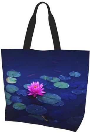 DNBCLEZK Bright Lotus Schultertasche aus Polyester, große Tasche, Shopper mit trendigen Drucken, Uni, für den täglichen Gebrauch für Damen und Herren (mehrere Muster-Designs), Schwarz