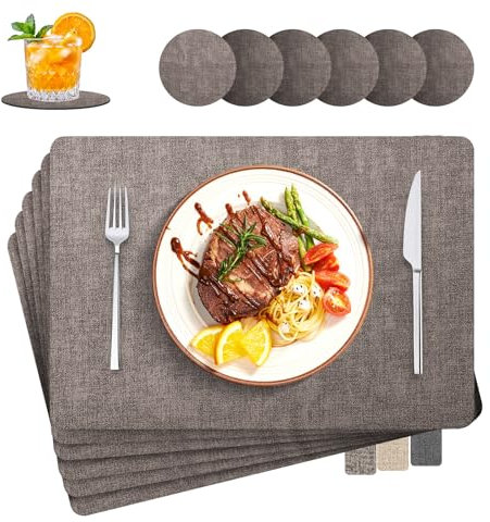 LUOJINYI Tischsets Abwaschbar, 6er Set Leinenimitat Lederoptik Platzset und Untersetzer, Hitzebeständig Doppelseitigen, 30x43cm Tischuntersetzer rutschfest für Hause Küche Restaurant und Hotel(Grau)