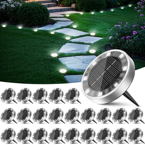Peasur 24 Stück Solar Bodenleuchten Aussen, 8 LED Solarleuchten Aussenleuchte Gartenleuchten Wetterfest, Solarlampen Außenlampe für Außen Garten Boden Weg Rasen Gehweg Kaltweiss