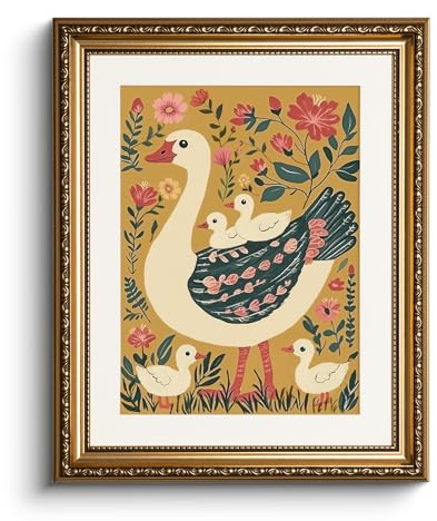 HUARCEY Leinwand Bilder mit Gold Rahmen, klein Vintage Wandbilder, Niedliche Gänsefamilie Painting, Wand Deko Wohnzimmer Schlafzimmer Kinderzimmer, Bauernhaus Bauernhof Deko Aesthetic,33x40cm