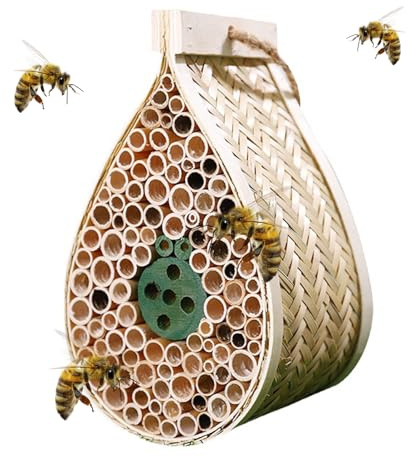 Mason Bee House, Pollinating Palace,Hanging Wooden bee House Habitat with Bamboo Tubes for The Garden and Yard Bee Hotel for Pollinators