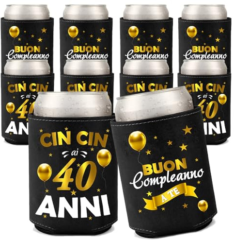 Regalo Compleanno Uomo Donna Confezione da 10 Raffredda Lattina in Neoprene Idea per decorazioni compleanni bottiglia birra bevande festa gadget copri lattina 40 anni (Nero - 40 Anni)