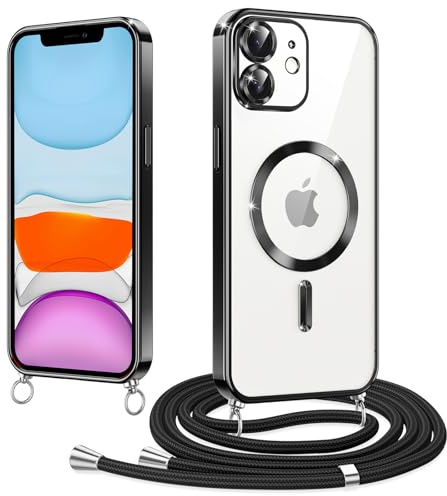 Micnkifo Magnetische Handyband mit Band für iPhone 11 Hülle, [Kompatibel mit Magsafe] Handyhülle Case mit justierbarer Schnur Abnehmbar Strap, Crossbody Schutzhülle zum Umhängen, Schwarz