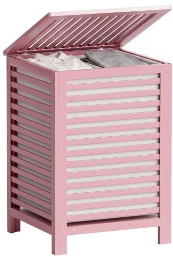 SMIBUY Großer Wäschekorb aus Bambus mit Deckel zur Aufbewahrung von Kleidung, Spielzeug und Handtüchern(Rosa)