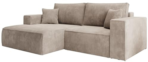 Selsey Ecksofa Beige Sofa Mit Schlaffunktion Linksseitig Inkl. Bettkasten 240 x 167 cm Und Abnehmbare Rückenkissen Kleines Couch Sofa Modular Ottomane Kompakt Für Kleine Wohnräume Cord Bezug
