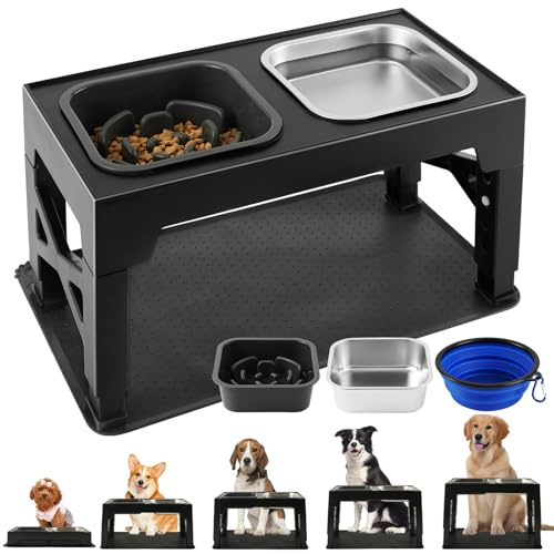 Gamelle pour Chien Surelevee et Réglable -Acier Inoxydable 1400ml + Anti-Glouton 1100ml + Voyage + Tapis- Support Gamelle Chien surélevée antidérapant pour Chiens de Taille Moyenne/Grande