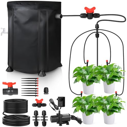 SWAWIS Kit Irrigazione a Goccia 100L Pompa 25 W Kit fai da te Sistemi di Irrigazione 8 Gocciolatori regolabili per Prato, Giardino, Orto