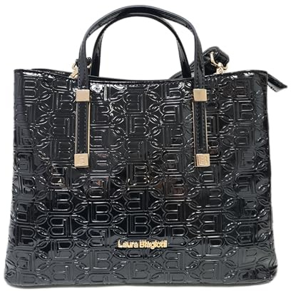 Laura Biagiotti Borsa Donna Linea Arcade, Pelle Sintetica Verniciata, Stampa LB, Manici Doppi e Tracolla Rimovibile, Dimensioni 30x12x22 cm, Accessori Oro ART.LB25W-250-1 (NERO)