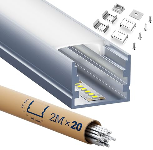 LED Profil 2m×20pc Aluminium U-Form mit Milchig Weißer Abdeckung Kanal Diffusor Alu Profil LED leisten Schienen kanalleiste Aluprofil Streifen Profile lichtkanal led strip aluschiene unterputzprofil